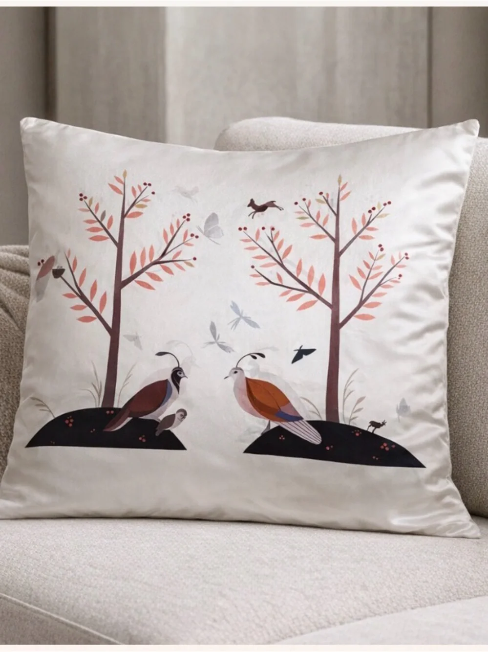 West Elm Silk Pillow Cover 20x20 Nature Print Bird Tree Minimalist Boho Decor